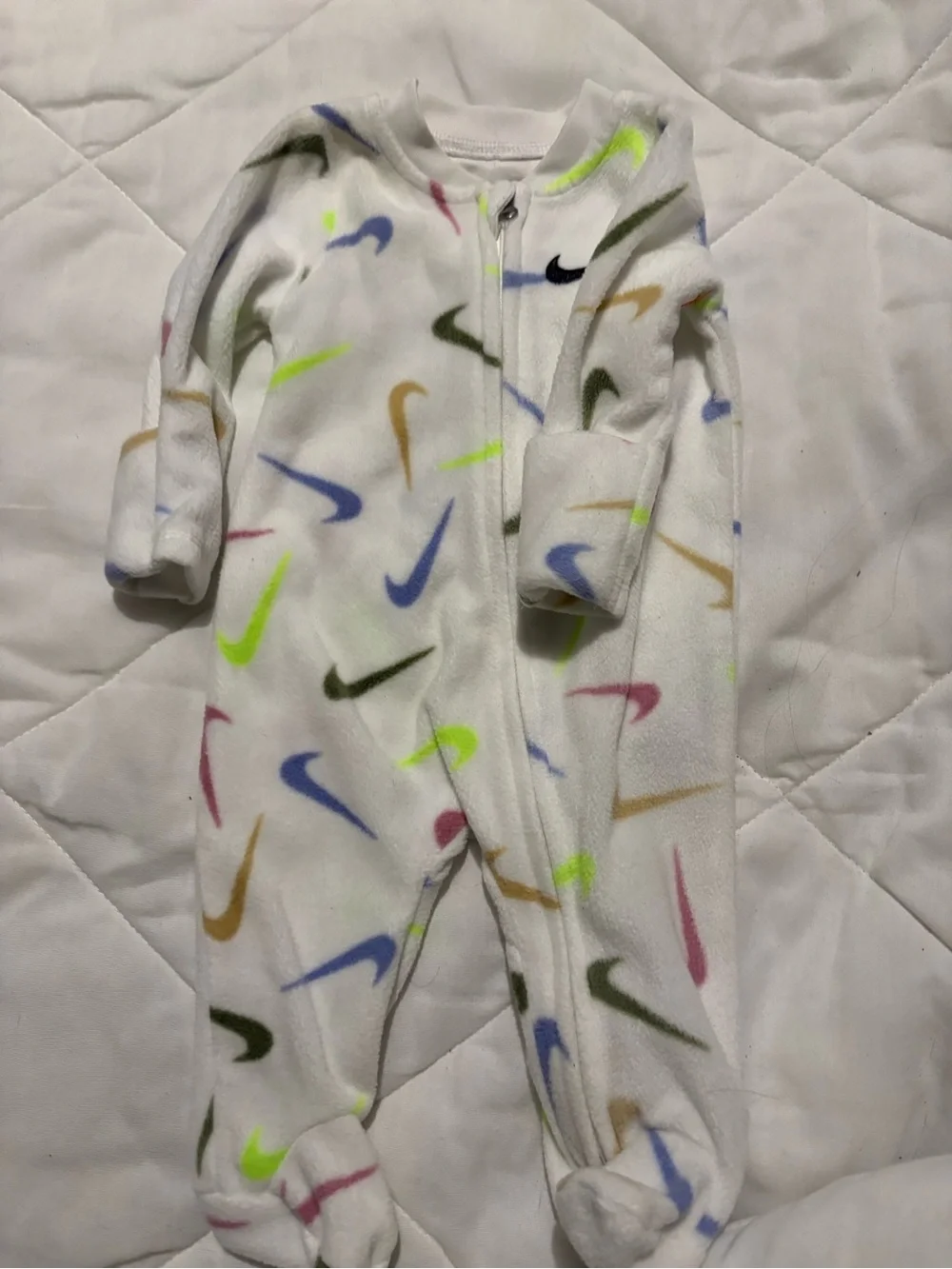 Nike White Baby Footed Fleece One-Piece with Multicolor Swooshes